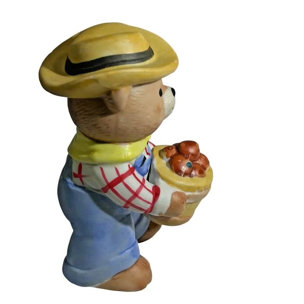 Vintage BC Bronson Teddy Bear Figurine Porcelain Bisque‎ Farmer Apples Basket